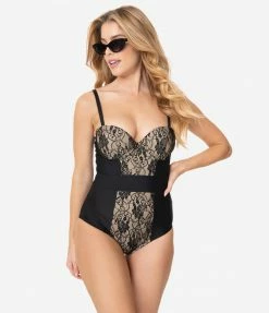 Unique Vintage Black Lace & Beige Pin-Up Clemente Swimsuit