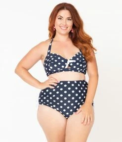 Unique Vintage Plus Size 1950s Mrs. West Navy Blue & White Polka Dot Halter Swim Top