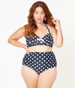 Unique Vintage Plus Size 1950s Mrs. West Navy Blue & White Polka Dot Halter Swim Top