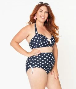 Unique Vintage Plus Size 1950s Mrs. West Navy Blue & White Polka Dot Halter Swim Top