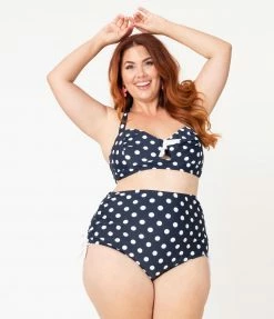 Unique Vintage Plus Size 1950s Mrs. West Navy Blue & White Polka Dot Halter Swim Top