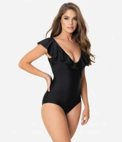 Unique Vintage Black Ruffle Newport One Piece Swimsuit Swimwear