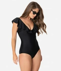 Unique Vintage Black Ruffle Newport One Piece Swimsuit Swimwear