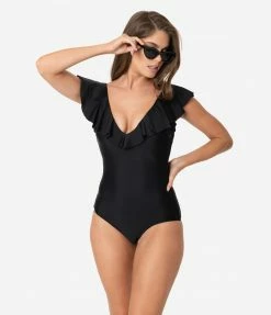 Unique Vintage Black Ruffle Newport One Piece Swimsuit Swimwear