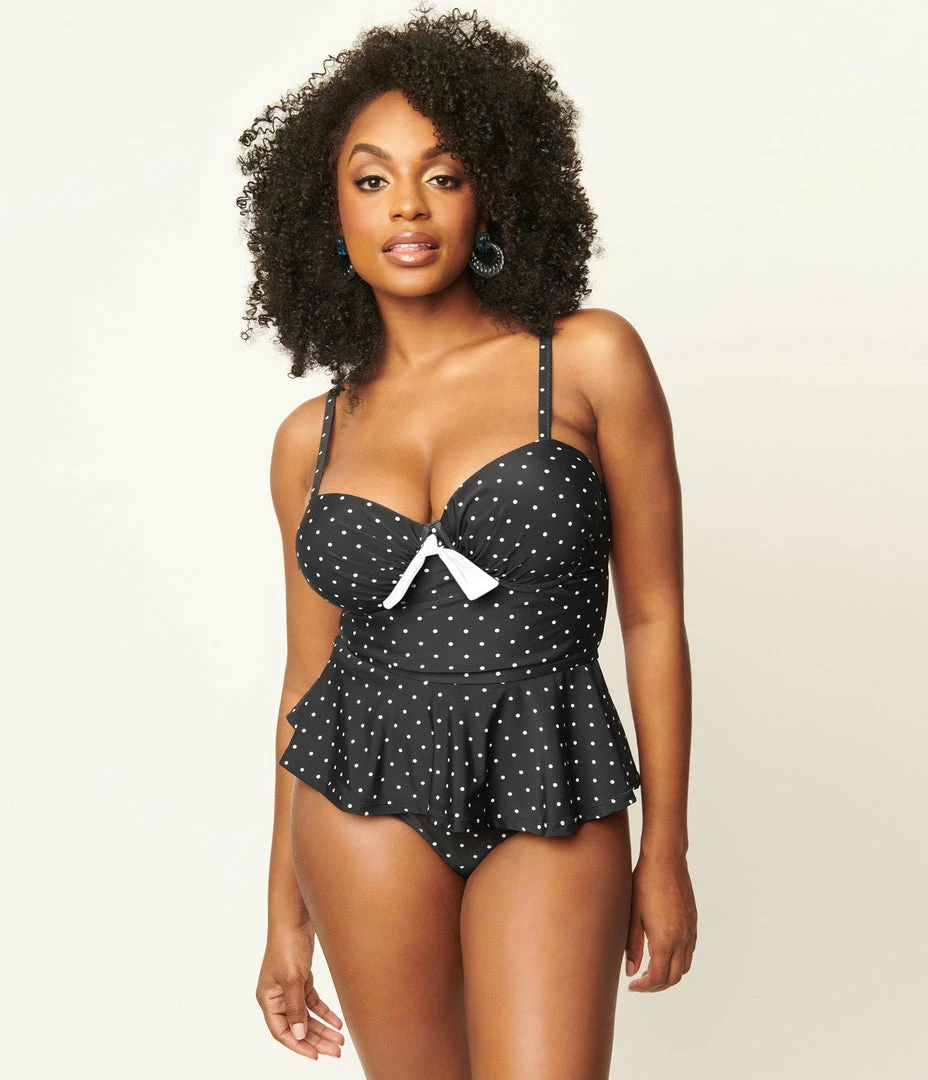 Unique Vintage Black & White Pin Dot Daphne Swim Bottoms