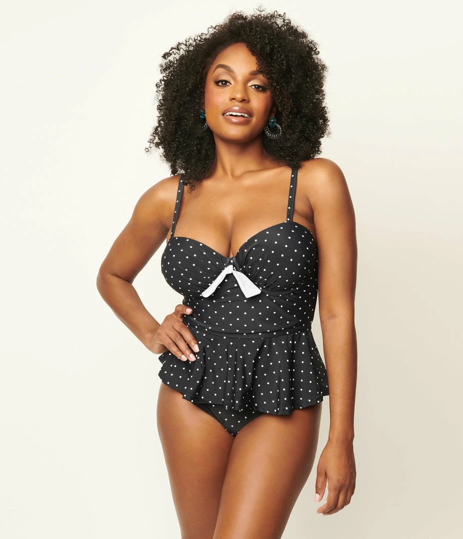 Unique Vintage Black & White Pin Dot Daphne Swim Bottoms