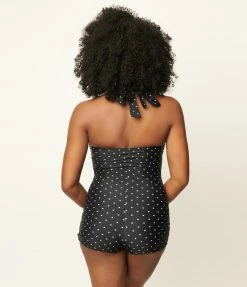 Unique Vintage Black & White Pin Dot Boy Short Pismo Romper Swimsuit