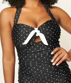 Unique Vintage Black & White Pin Dot Boy Short Pismo Romper Swimsuit