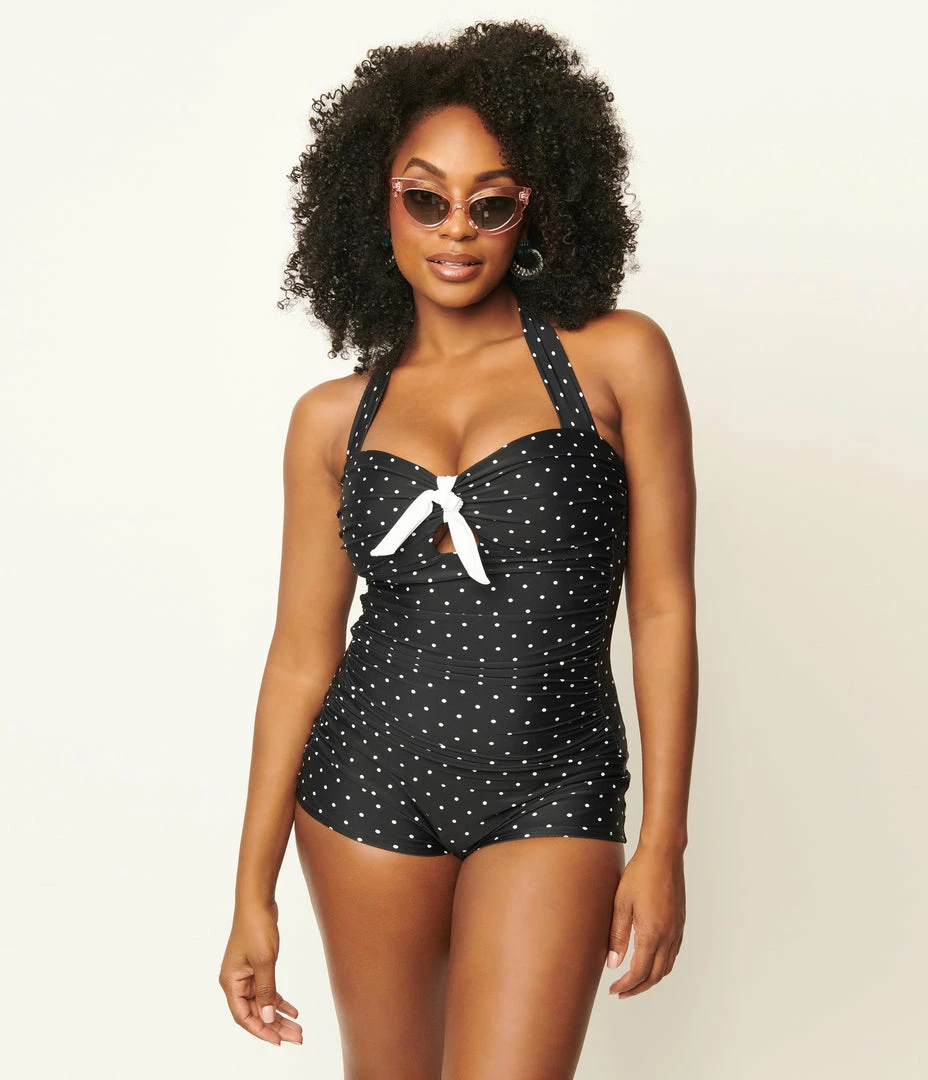 Unique Vintage Black & White Pin Dot Boy Short Pismo Romper Swimsuit