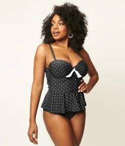 Unique Vintage Black & White Pin Dot Peplum Solana Tankini Swim Top