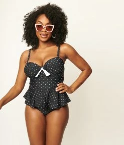 Unique Vintage Black & White Pin Dot Peplum Solana Tankini Swim Top