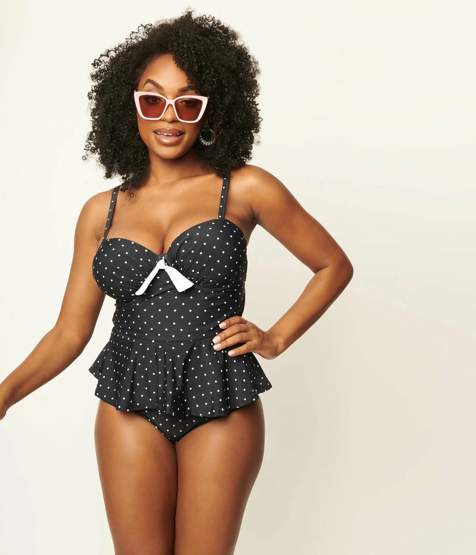 Unique Vintage Black & White Pin Dot Peplum Solana Tankini Swim Top