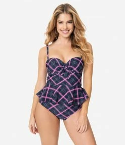 Unique Vintage Navy & Pink Plaid Peplum Solana Tankini Swim Top Swimwear