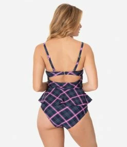 Unique Vintage Navy & Pink Plaid Peplum Solana Tankini Swim Top Swimwear