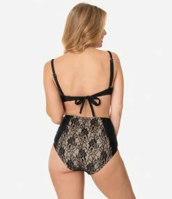 Unique Vintage Black Lace & Beige Sweetheart Bandeau Charlene Swim Top