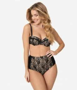 Unique Vintage Black Lace & Beige Sweetheart Bandeau Charlene Swim Top