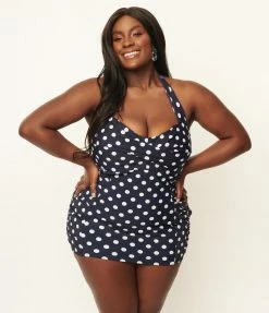 Unique Vintage Plus Size Navy & White Polka Dot Corinne Sheath Swimsuit Swimwear