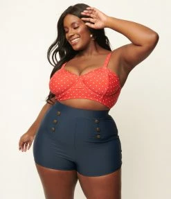Unique Vintage Plus Size Red & White Pin Dot Marlene Crop Swim Top