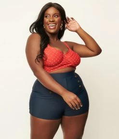Unique Vintage Plus Size Red & White Pin Dot Marlene Crop Swim Top