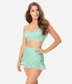 Swimwear Unique Vintage Style Green & White Gingham Marlene Crop Swim Top