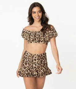 Unique Vintage Leopard Print Ruffled Ramona Swim Top Swimwear