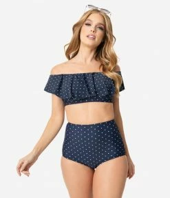 Swimwear Unique Vintage Navy & White Pin Dot High Waist Louise Swim Bottoms