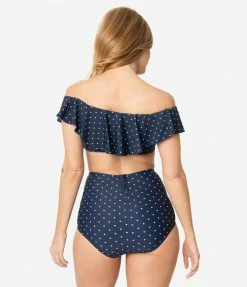 Swimwear Unique Vintage Navy & White Pin Dot High Waist Louise Swim Bottoms