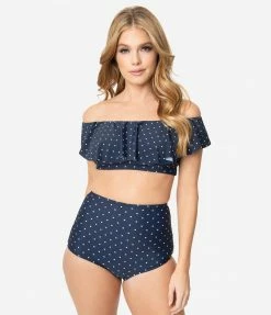 Swimwear Unique Vintage Navy & White Pin Dot High Waist Louise Swim Bottoms
