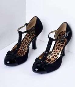 Pleaser Flapper Black Microsuede Button Up T-Strap Heels