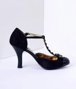 Pleaser Flapper Black Microsuede Button Up T-Strap Heels