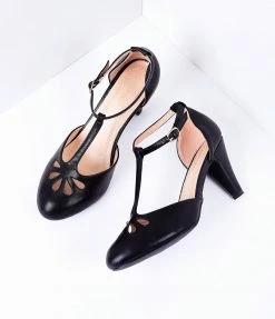 In Touch Footwear Shoes Black Pleather Cutout Kimmy T-Strap Heels