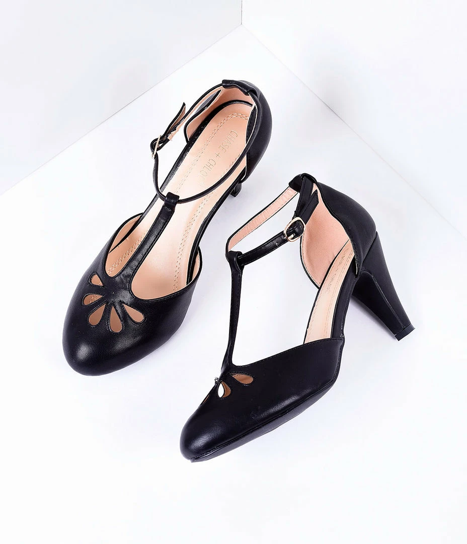 In Touch Footwear Shoes Black Pleather Cutout Kimmy T-Strap Heels