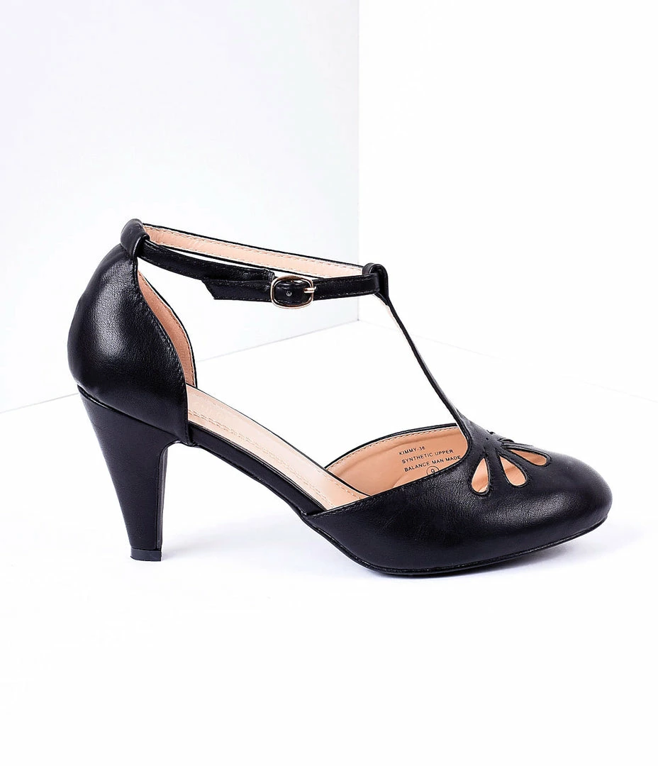 In Touch Footwear Shoes Black Pleather Cutout Kimmy T-Strap Heels