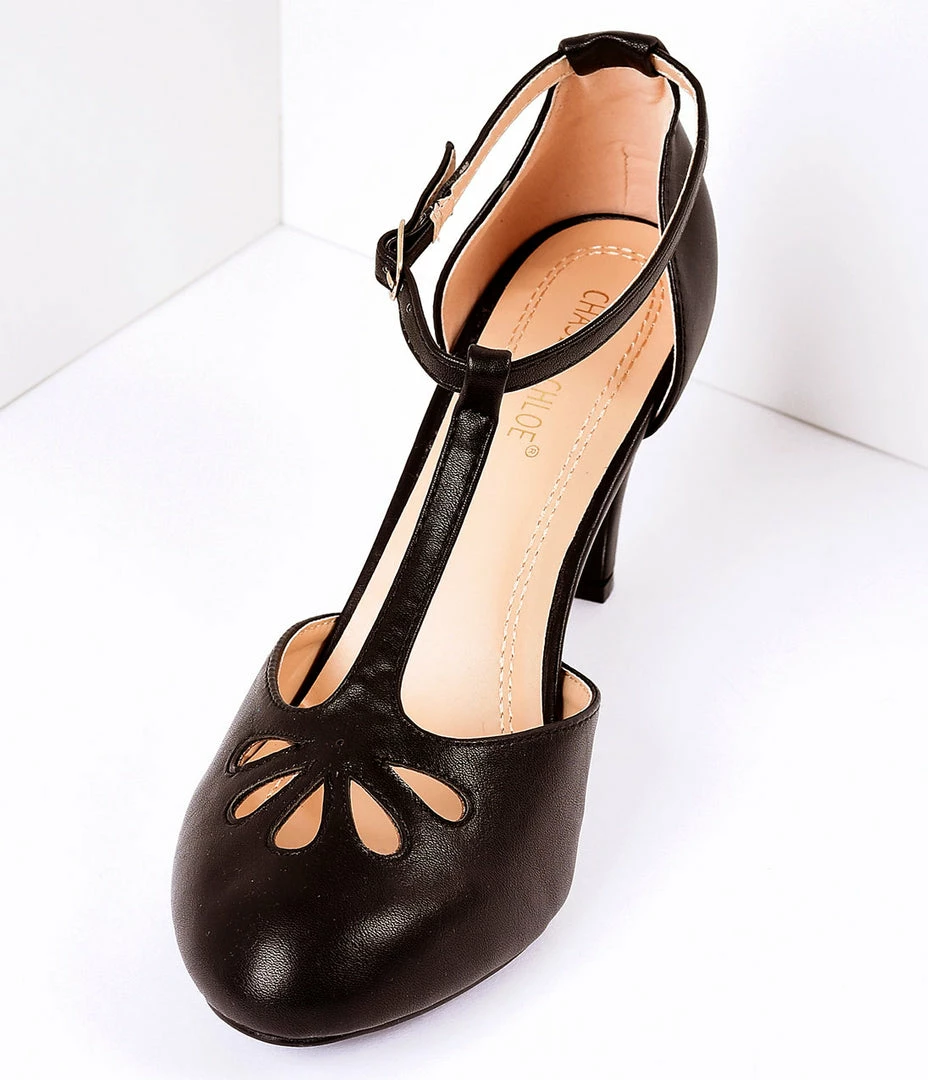 In Touch Footwear Shoes Black Pleather Cutout Kimmy T-Strap Heels