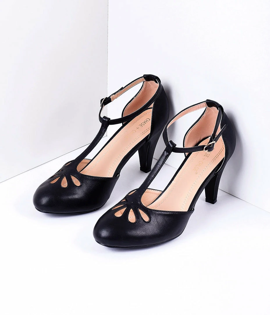 In Touch Footwear Shoes Black Pleather Cutout Kimmy T-Strap Heels