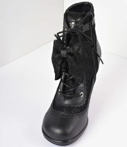 Pleaser Black Vegan Leather & Lace Bow Ankle Boots