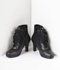 Pleaser Black Vegan Leather & Lace Bow Ankle Boots