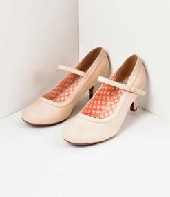 Ellie Shoes Bettie Page Beige Leatherette Bettie Retro Mary Jane Heels