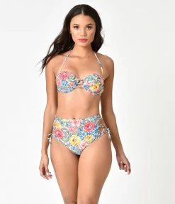 Gossip Swimwear Multicolor Roses Mosaic & Green Stripe Reversible Swim Bottoms