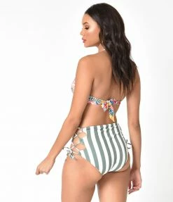 Gossip Swimwear Multicolor Roses Mosaic & Green Stripe Reversible Swim Bottoms