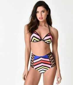 Heat Swimwear Retro Style Multicolor Chevron Arrow T-Back Triangle Bikini Top