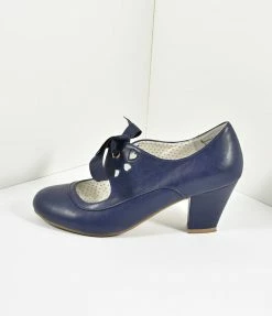 Pleaser Vintage Style Navy Blue Leatherette Mary Jane Bow Wiggle Heels