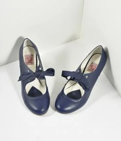 Pleaser Vintage Style Navy Blue Leatherette Mary Jane Bow Wiggle Heels
