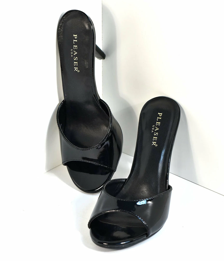 Pleaser Black Patent Leatherette Peep Toe Slip On Heels