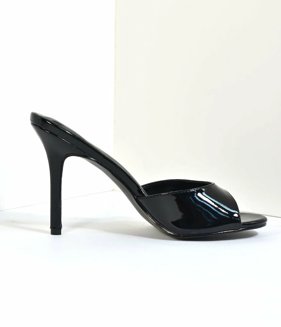 Pleaser Black Patent Leatherette Peep Toe Slip On Heels