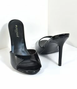 Pleaser Black Patent Leatherette Peep Toe Slip On Heels