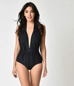 Swimwear Unique Vintage Black Halter Shirred Derek One Piece Swimsuit