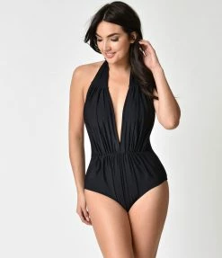 Swimwear Unique Vintage Black Halter Shirred Derek One Piece Swimsuit