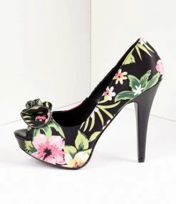 Pleaser Shoes Vintage Style Black Tropical Print Peep Toe Platform Pumps
