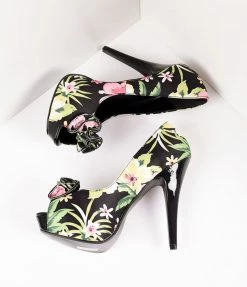 Pleaser Shoes Vintage Style Black Tropical Print Peep Toe Platform Pumps